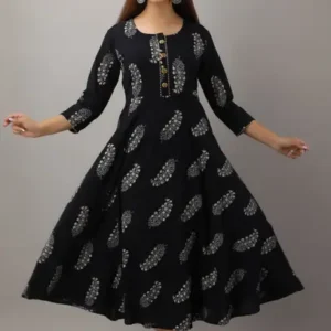 Women Printed Cotton Blend A-line Kurta  (Black)